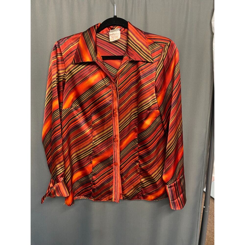 Women's Button-Up Top Medium Multicolor Striped Long Sleeve Collared Vintage B71